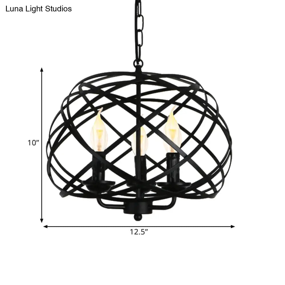 Black Metal Geometric Ceiling Light With Cage Shade - Industrial Kitchen Chandelier (3 Bulbs