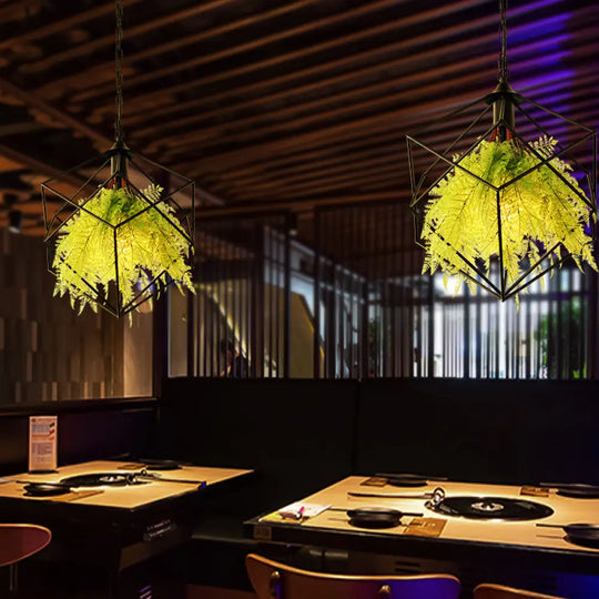 Black Metal Geometric Plant Hanging Pendant With Led Light Ideal For Restaurants - 1 Bulb