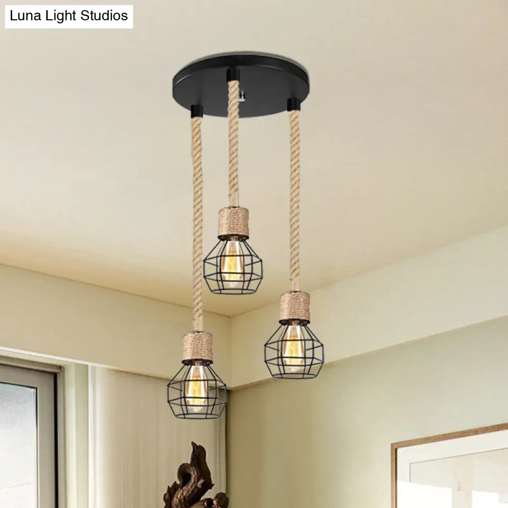 Adjustable Metal Globe Cage Ceiling Light With Rope: Lodge Style Hanging 3/5 Heads Indoor Black