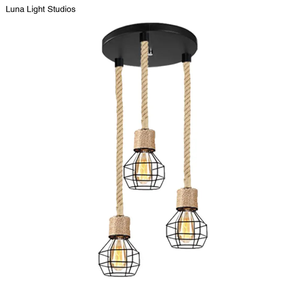 Adjustable Metal Globe Cage Ceiling Light With Rope: Lodge Style Hanging 3/5 Heads Indoor Black