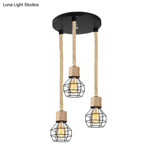 Adjustable Metal Globe Cage Ceiling Light With Rope: Lodge Style Hanging 3/5 Heads Indoor Black