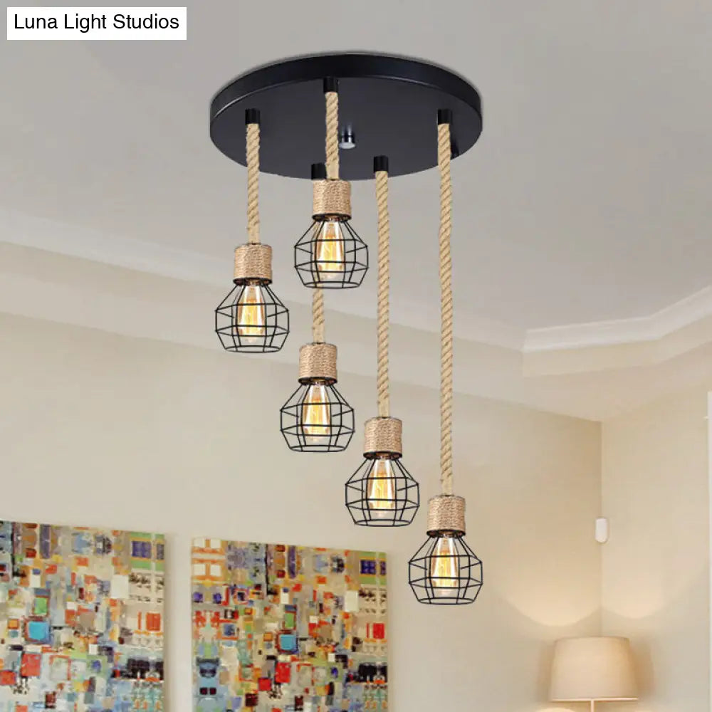 Adjustable Metal Globe Cage Ceiling Light With Rope: Lodge Style Hanging 3/5 Heads Indoor Black 5 /