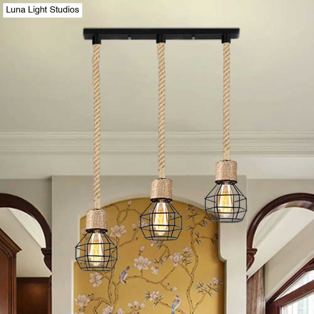 Adjustable Metal Globe Cage Ceiling Light With Rope: Lodge Style Hanging 3/5 Heads Indoor Black 3 /