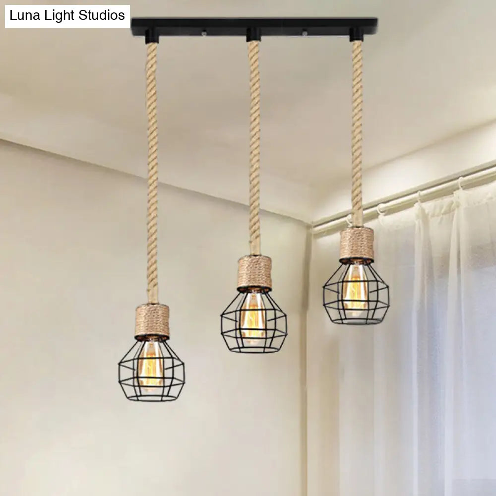 Adjustable Metal Globe Cage Ceiling Light With Rope: Lodge Style Hanging 3/5 Heads Indoor Black