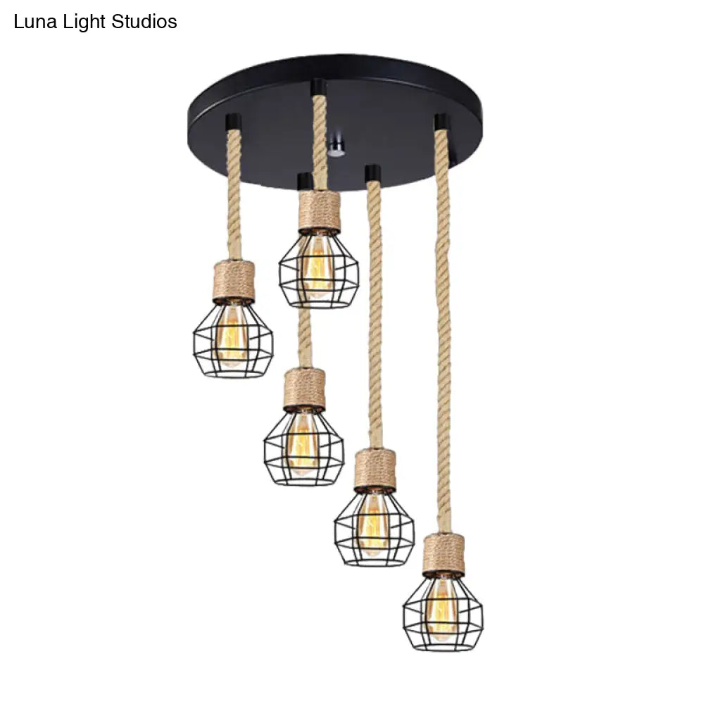 Black Metal Globe Cage Ceiling Light With Adjustable Rope - Lodge Indoor Hanging Lamp (3/5 Heads)