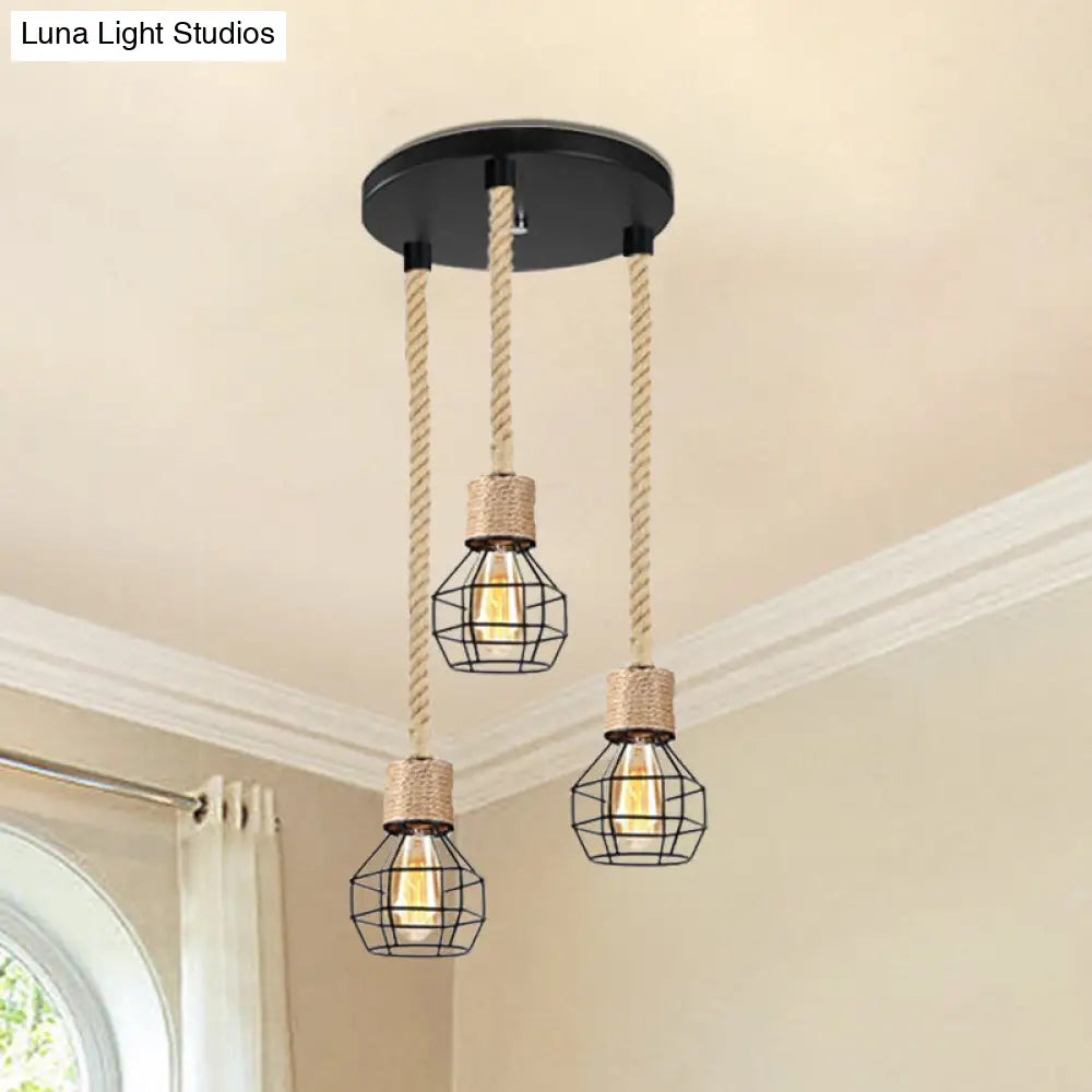 Adjustable Metal Globe Cage Ceiling Light With Rope: Lodge Style Hanging 3/5 Heads Indoor Black 3 /