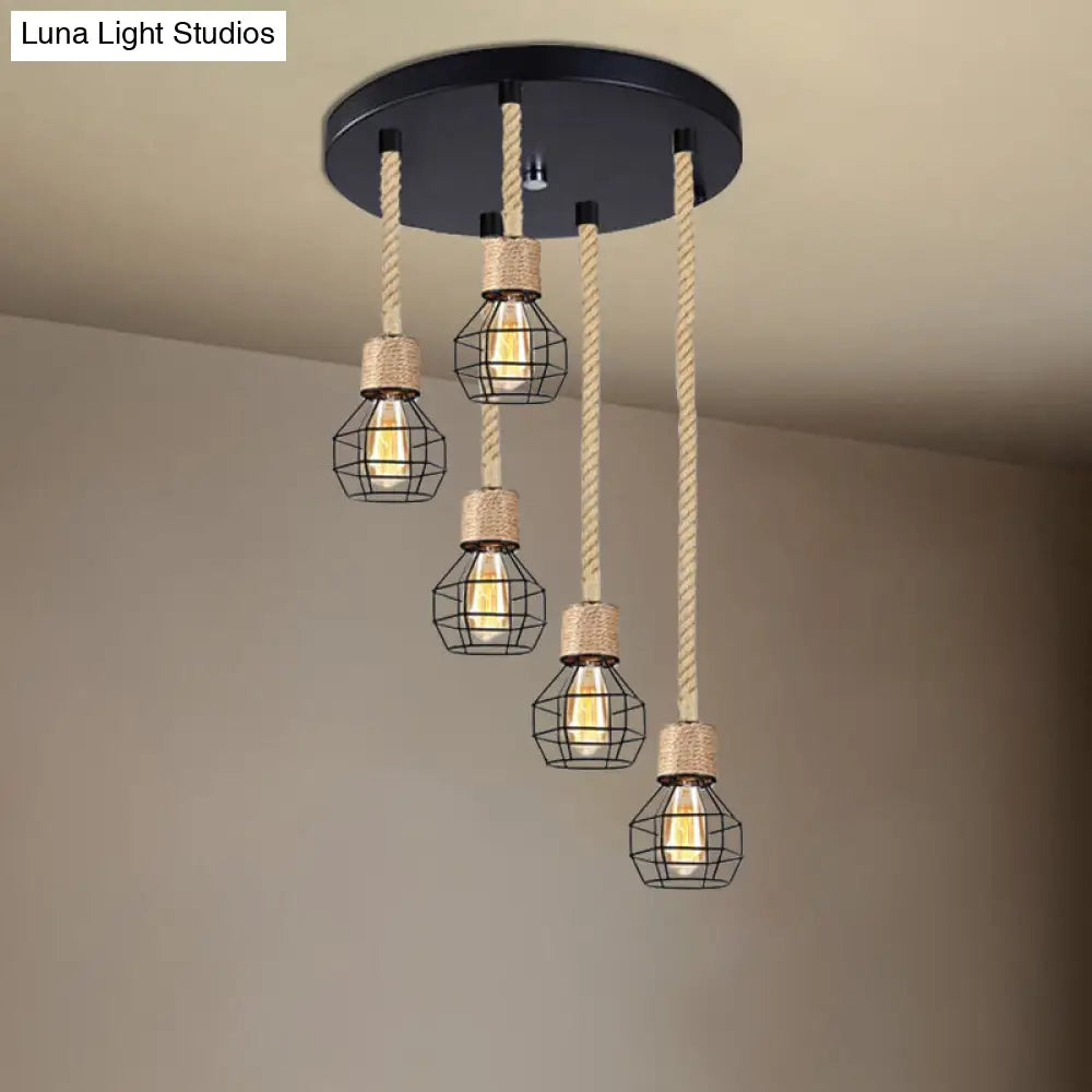 Adjustable Metal Globe Cage Ceiling Light With Rope: Lodge Style Hanging 3/5 Heads Indoor Black