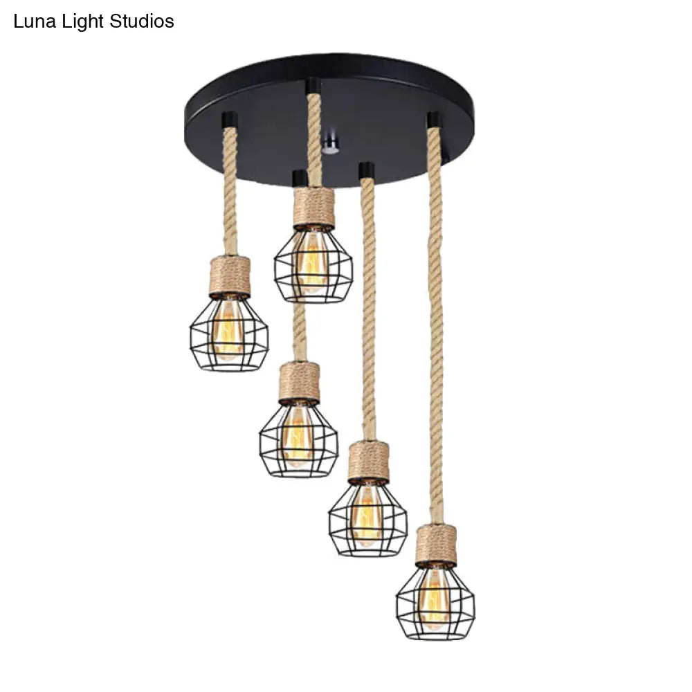 Adjustable Metal Globe Cage Ceiling Light With Rope: Lodge Style Hanging 3/5 Heads Indoor Black