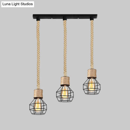 Adjustable Metal Globe Cage Ceiling Light With Rope: Lodge Style Hanging 3/5 Heads Indoor Black