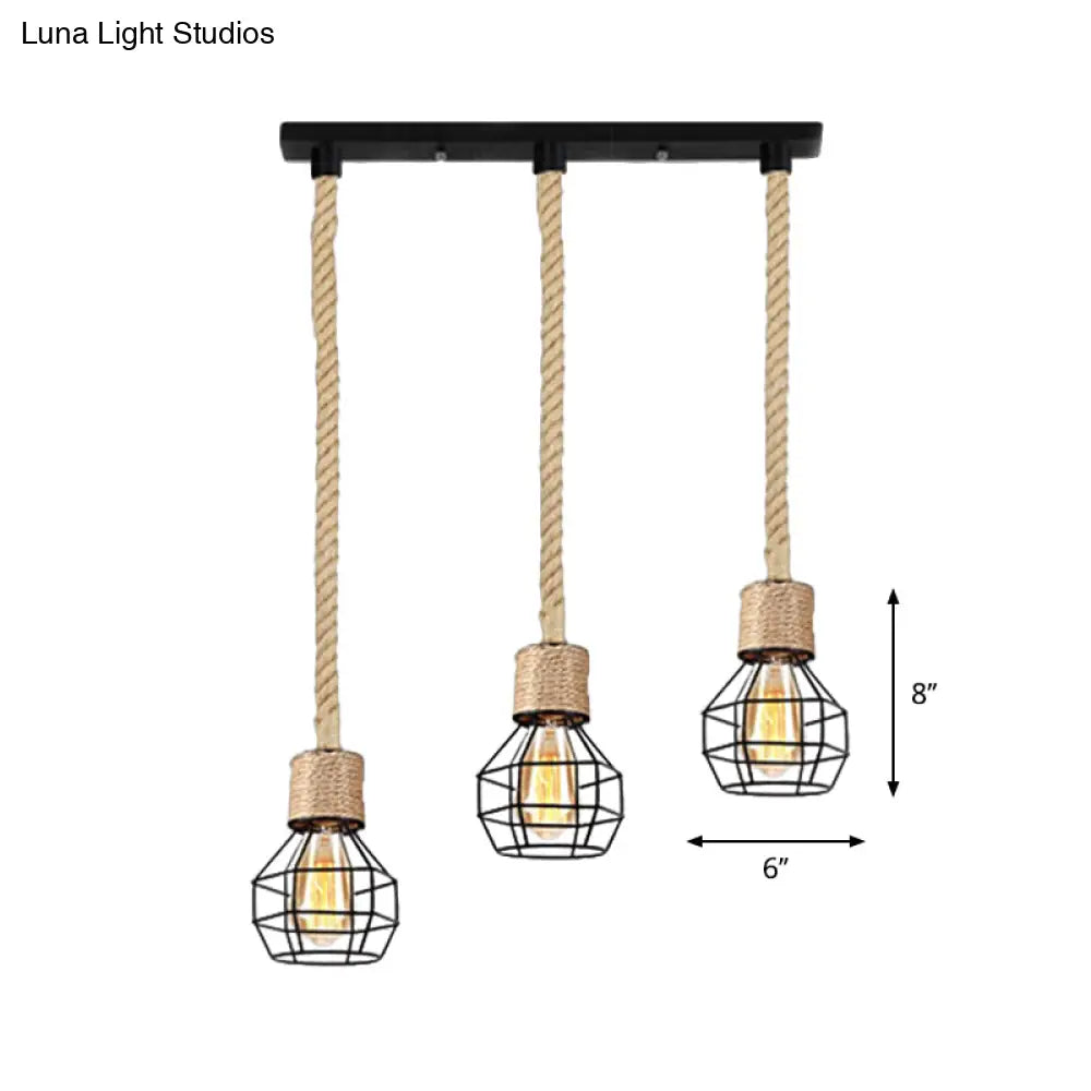 Black Metal Globe Cage Ceiling Light With Adjustable Rope - Lodge Indoor Hanging Lamp (3/5 Heads)