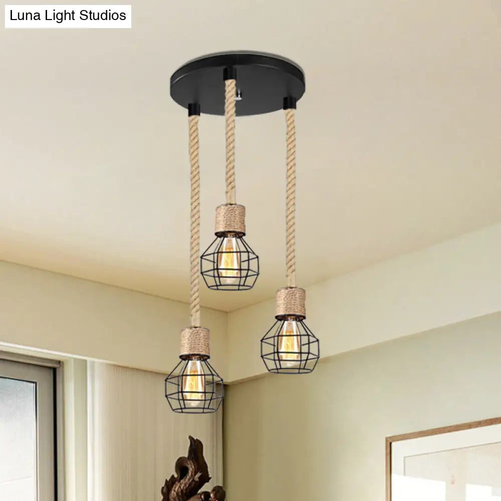 Black Metal Globe Cage Ceiling Light With Adjustable Rope - Lodge Indoor Hanging Lamp (3/5 Heads)