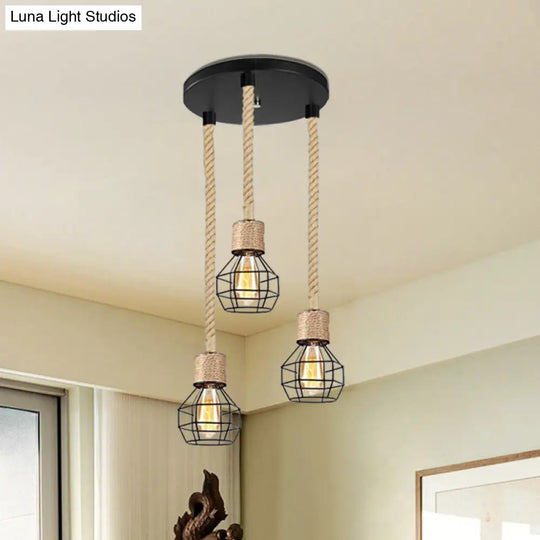 Black Metal Globe Cage Ceiling Light With Adjustable Rope - Lodge Indoor Hanging Lamp (3/5 Heads)