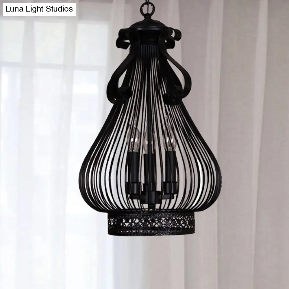 Black Metal Gourd-Like Candle Hanging Lamp Kit - 3-Light Pendant Chandelier In Loft Style