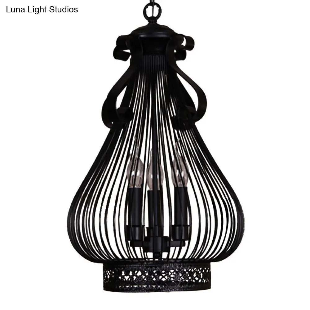 Black Metal Gourd-Like Pendant Chandelier - 3-Light Loft Style Candle Hanging Lamp Kit