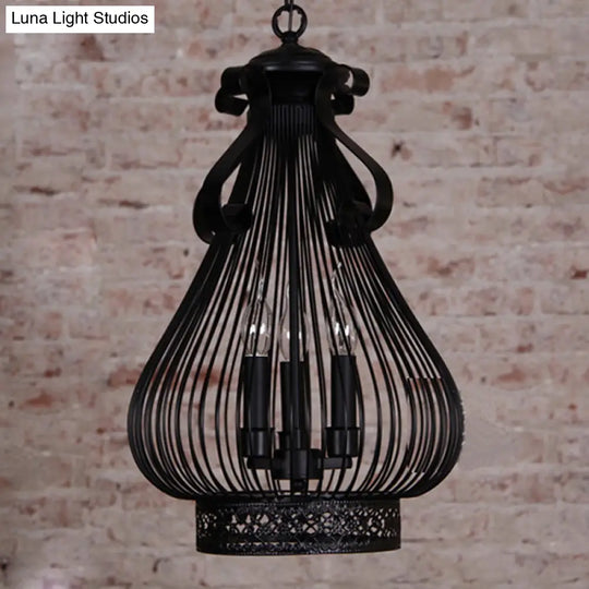 Black Metal Gourd-Like Pendant Chandelier - 3-Light Loft Style Candle Hanging Lamp Kit