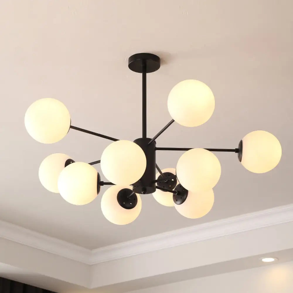 Black Metal Hanging Chandelier Light With Spherical Glass Shade For Modern Bedroom 10 / Milk White