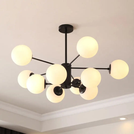 Black Metal Hanging Chandelier Light With Spherical Glass Shade For Modern Bedroom 10 / Milk White