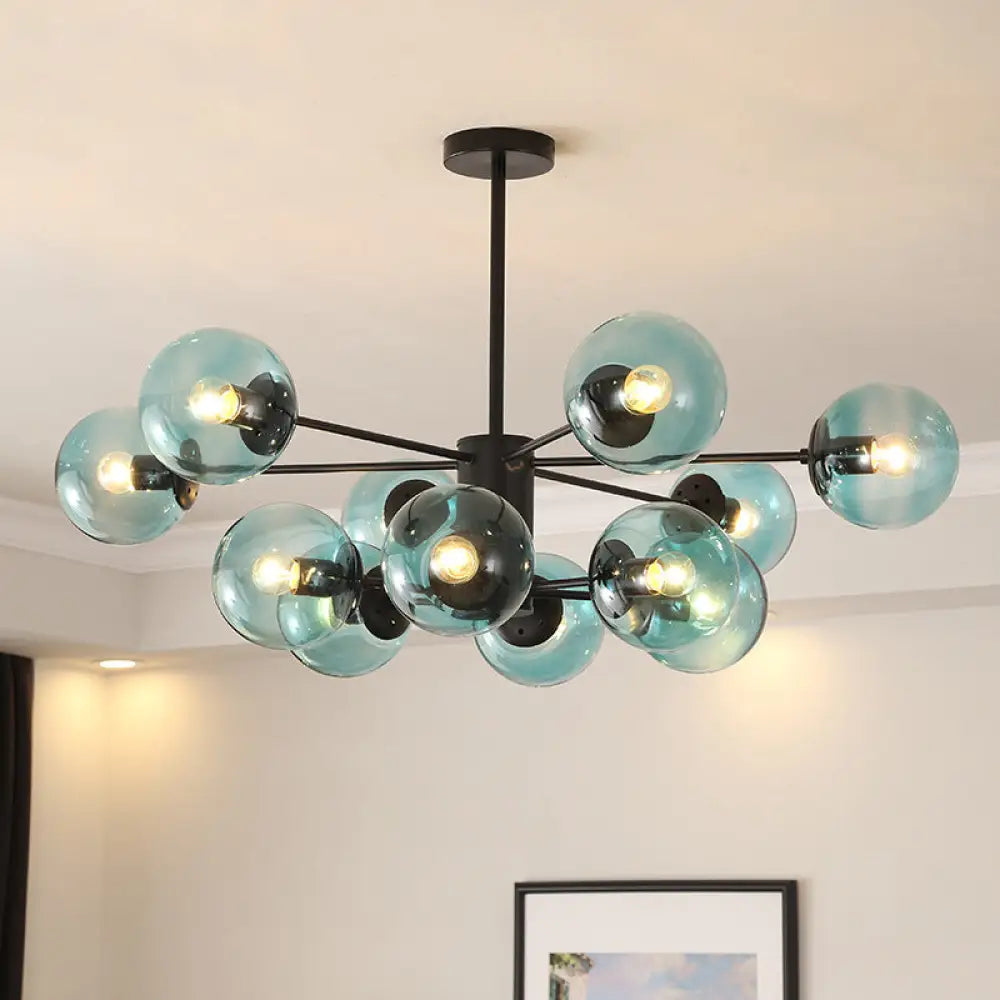 Black Metal Hanging Chandelier Light With Spherical Glass Shade For Modern Bedroom 12 / Blue