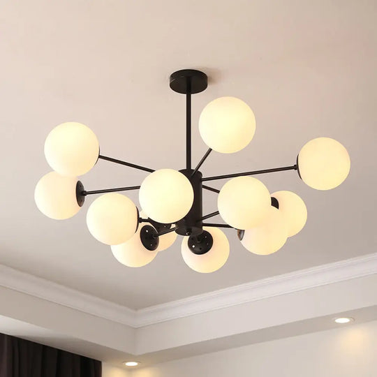 Black Metal Hanging Chandelier Light With Spherical Glass Shade For Modern Bedroom 12 / Milk White