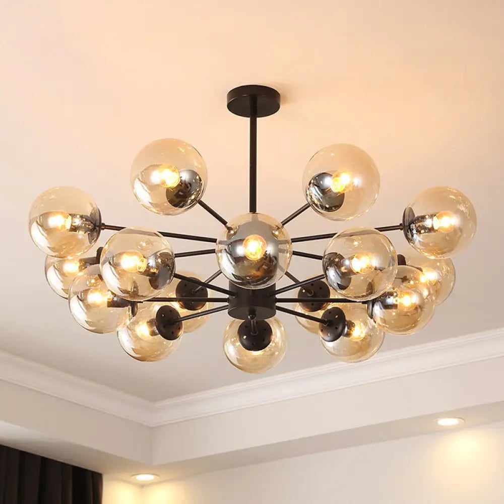 Black Metal Hanging Chandelier Light With Spherical Glass Shade For Modern Bedroom 16 / Amber