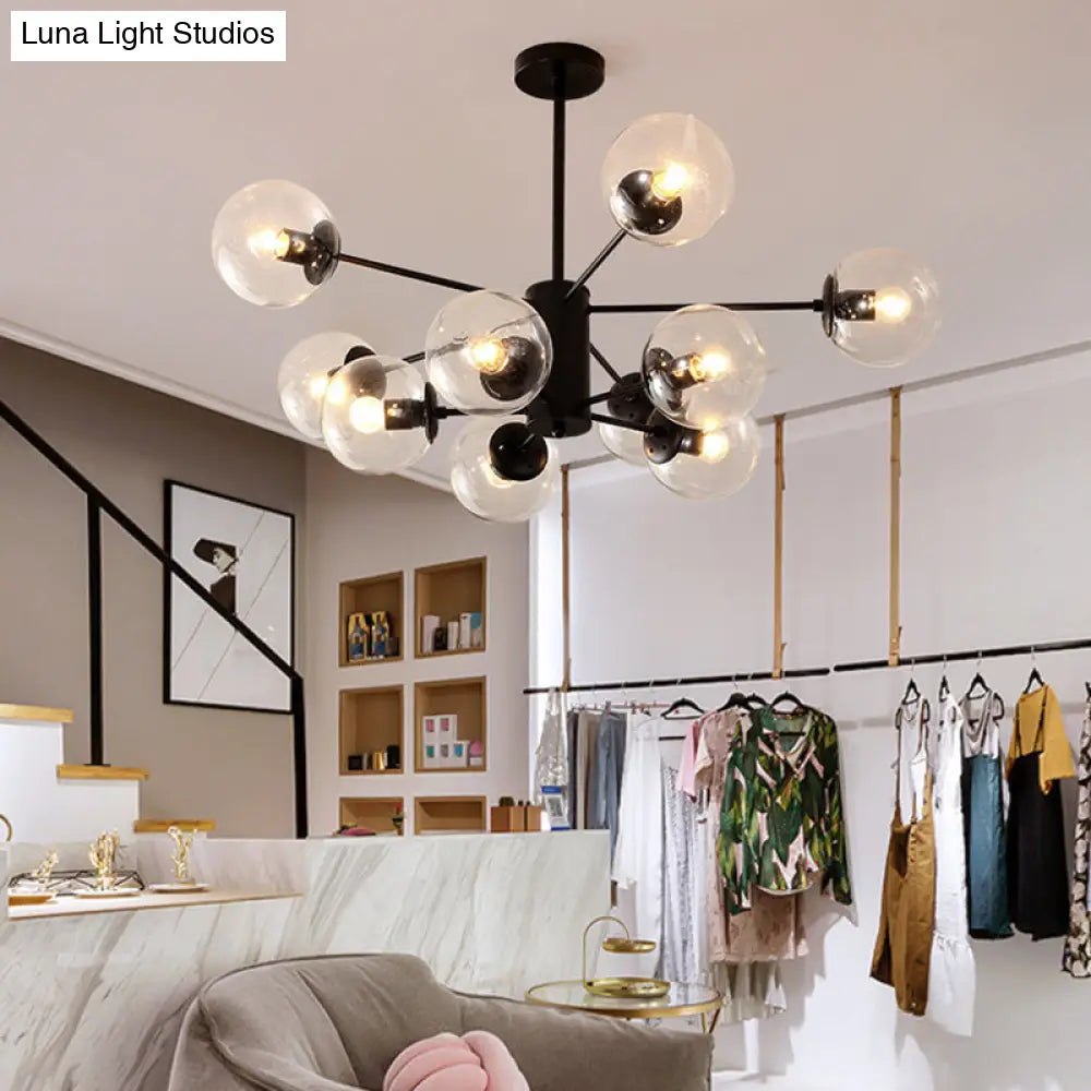 Black Metal Hanging Chandelier Light With Spherical Glass Shade For Modern Bedroom