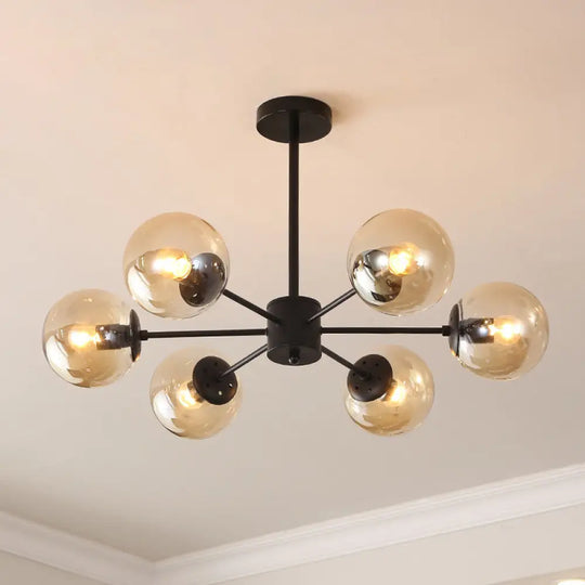 Black Metal Hanging Chandelier Light With Spherical Glass Shade For Modern Bedroom 6 / Amber