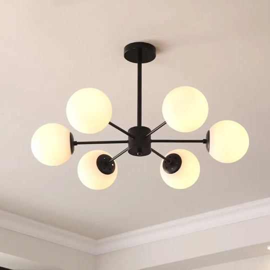 Black Metal Hanging Chandelier Light With Spherical Glass Shade For Modern Bedroom 6 / Milk White