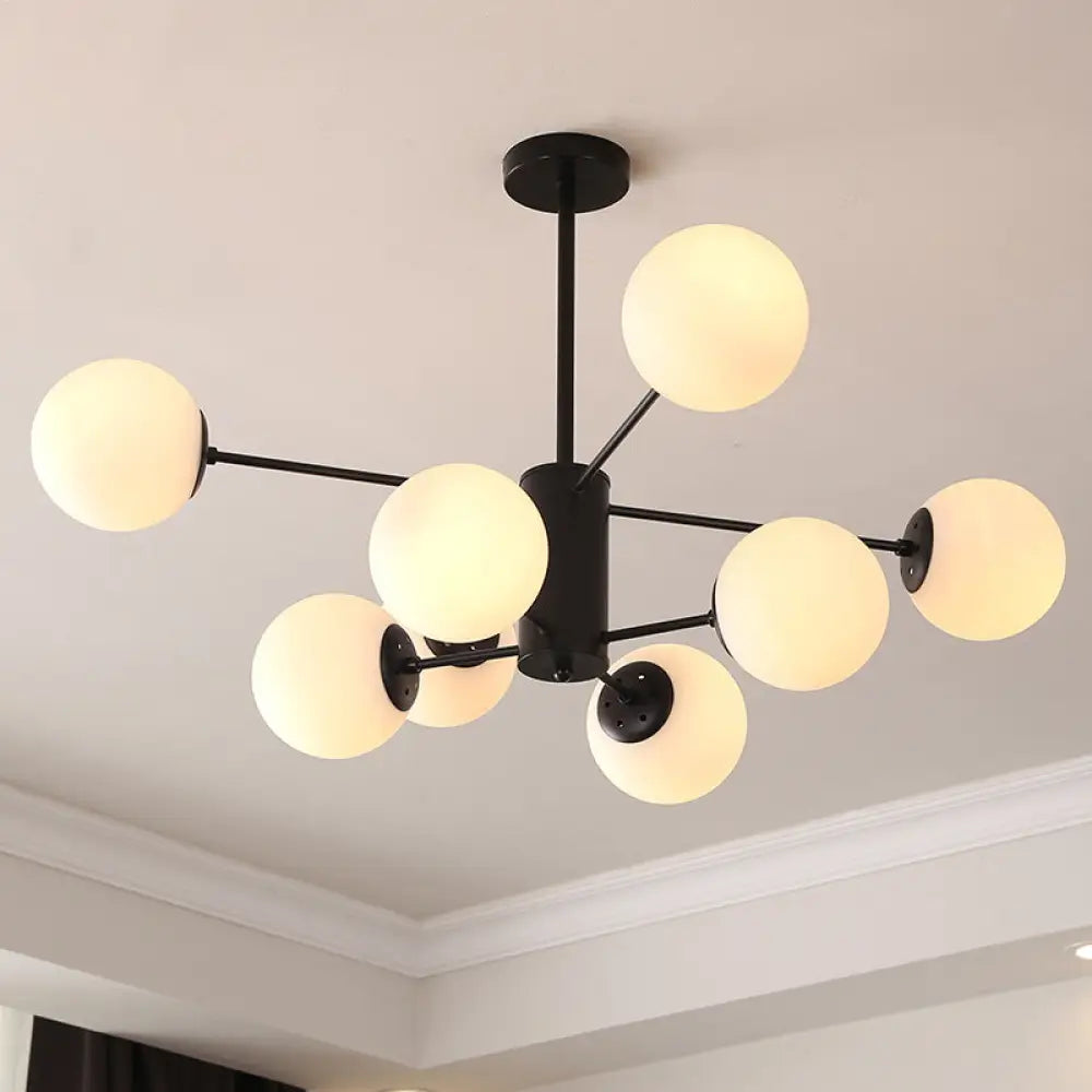 Black Metal Hanging Chandelier Light With Spherical Glass Shade For Modern Bedroom 8 / Milk White