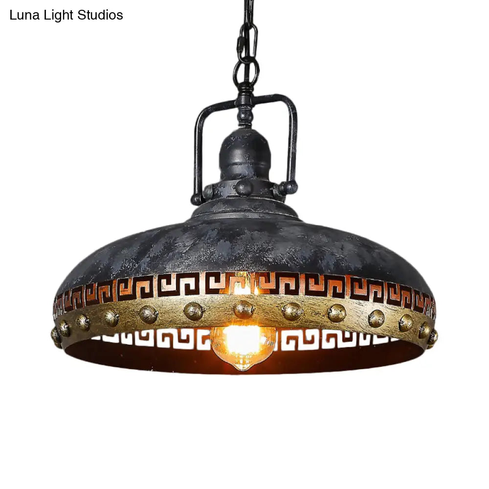 Black Metal Hanging Lamp Kit: Antiqued Bowl Down Lighting With Rotatable Handle