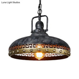 Black Metal Hanging Lamp Kit: Antiqued Bowl Down Lighting With Rotatable Handle
