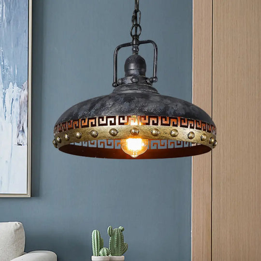 Black Metal Hanging Lamp Kit: Antiqued Bowl Down Lighting With Rotatable Handle