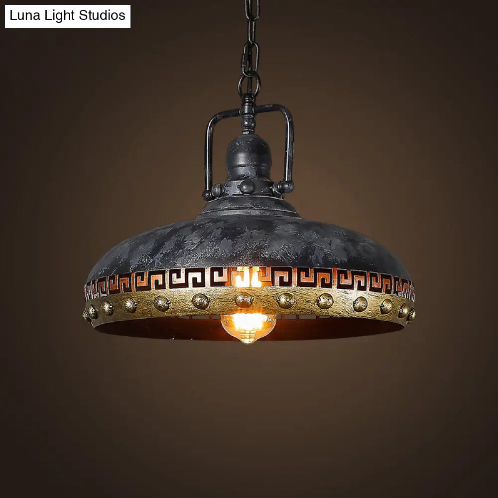 Antiqued Bowl Down Lighting Hanging Lamp Kit - Black 1-Light Metal With Rotatable Handle