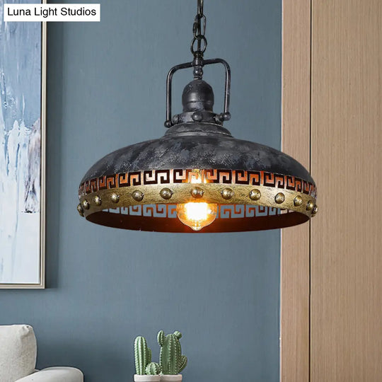 Antiqued Bowl Down Lighting Hanging Lamp Kit - Black 1-Light Metal With Rotatable Handle