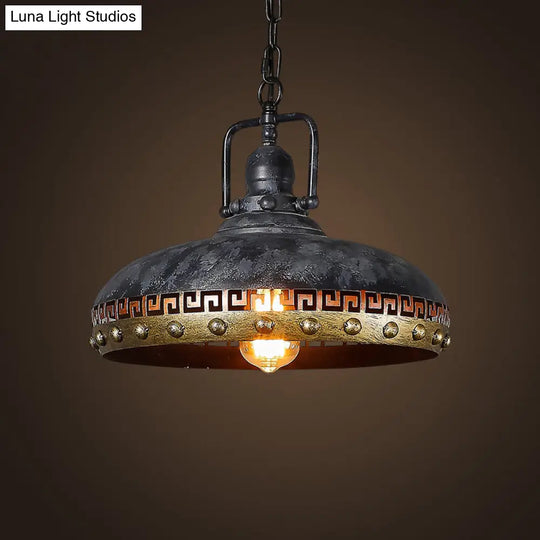 Black Metal Hanging Lamp Kit: Antiqued Bowl Down Lighting With Rotatable Handle