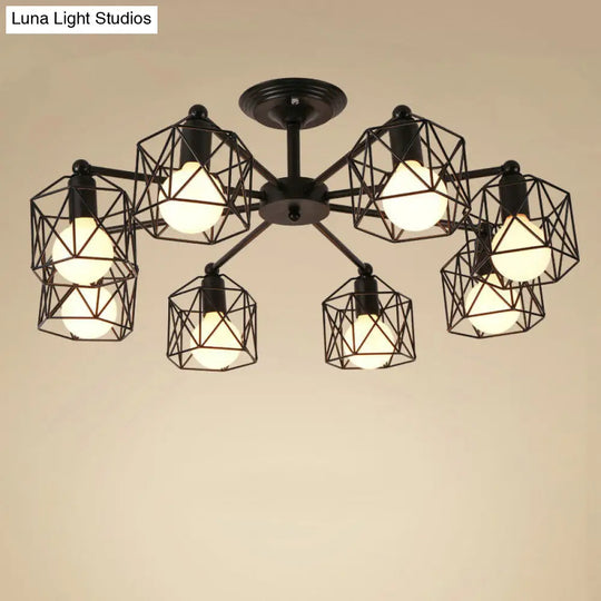 Vintage Hexagon Cage Ceiling Light For Living Room - Metal Wire Black Chandelier 8 /