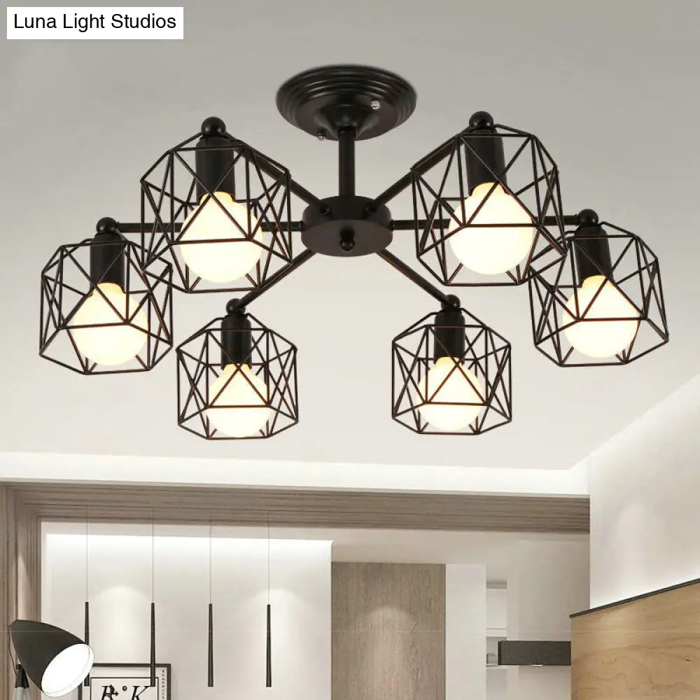 Vintage Hexagon Cage Ceiling Light For Living Room - Metal Wire Black Chandelier 6 /