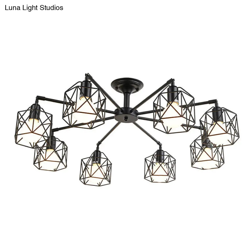 Vintage Hexagon Cage Ceiling Light For Living Room - Metal Wire Black Chandelier