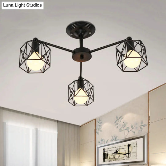 Vintage Hexagon Cage Ceiling Light For Living Room - Metal Wire Black Chandelier 3 /