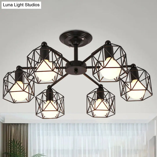 Vintage Hexagon Cage Ceiling Light For Living Room - Metal Wire Black Chandelier