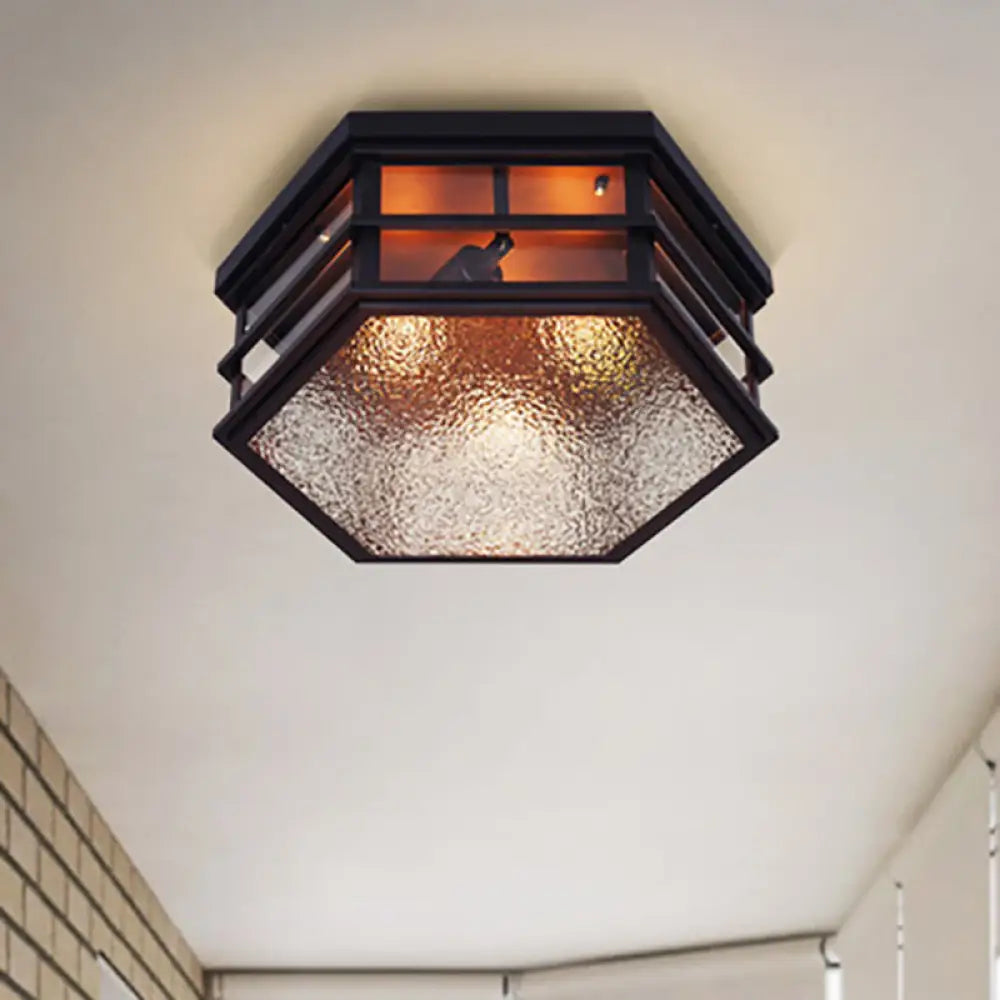 Black Metal Hexagon Flush Mount Ceiling Light With Frosted Glass Diffuser - 2/3 Lights 14’/17’