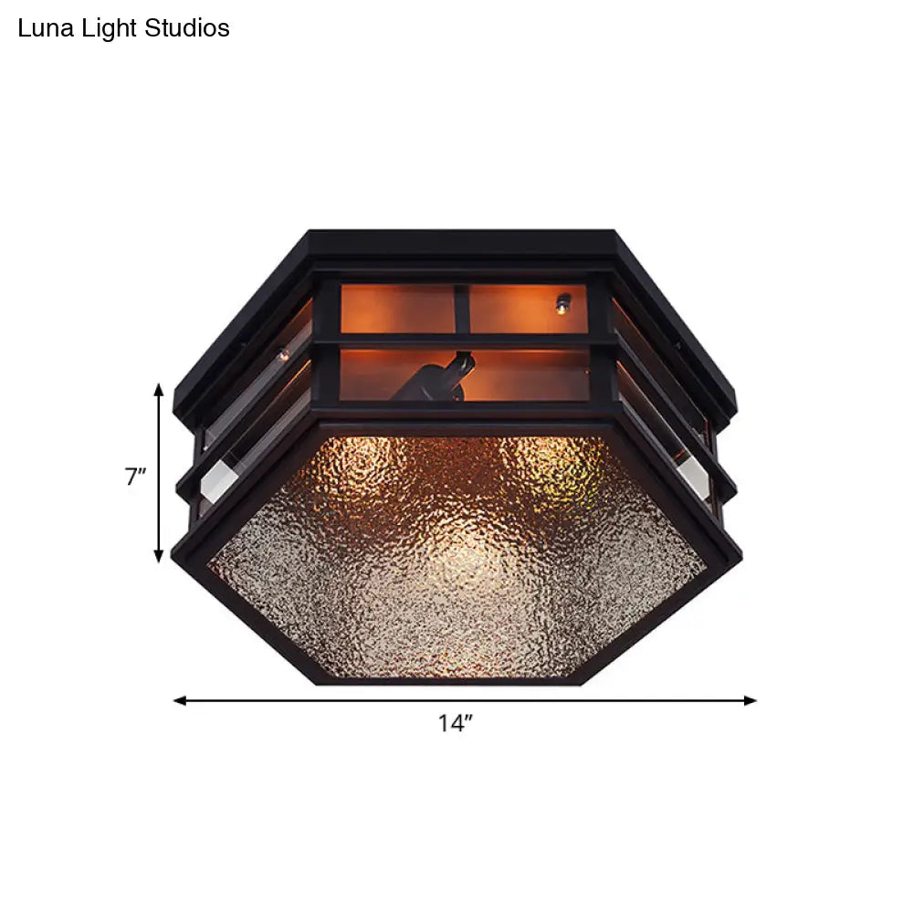 Black Metal Hexagon Flush Mount Ceiling Light With Frosted Glass Diffuser - 2/3 Lights 14/17 Width