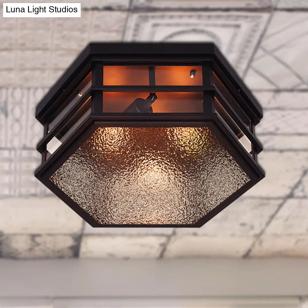 Black Metal Hexagon Flush Mount Ceiling Light With Frosted Glass Diffuser - 2/3 Lights 14’/17’