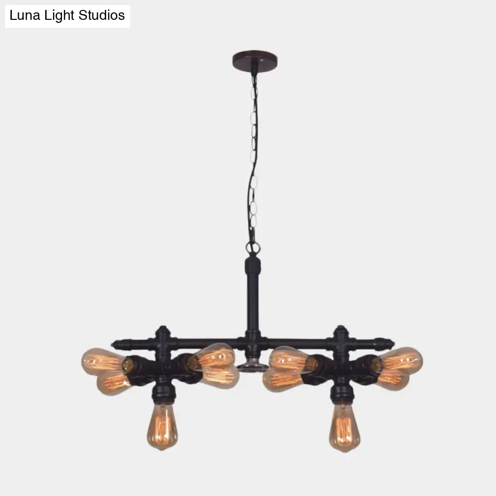 Black Metal Industrial Chandelier - Modern 10-Head Pendant Lamp For Living Room