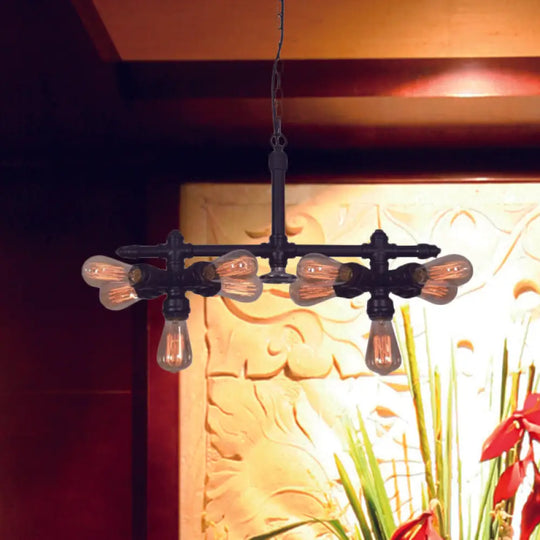 Black Metal Industrial Chandelier - Modern 10-Head Pendant Lamp For Living Room