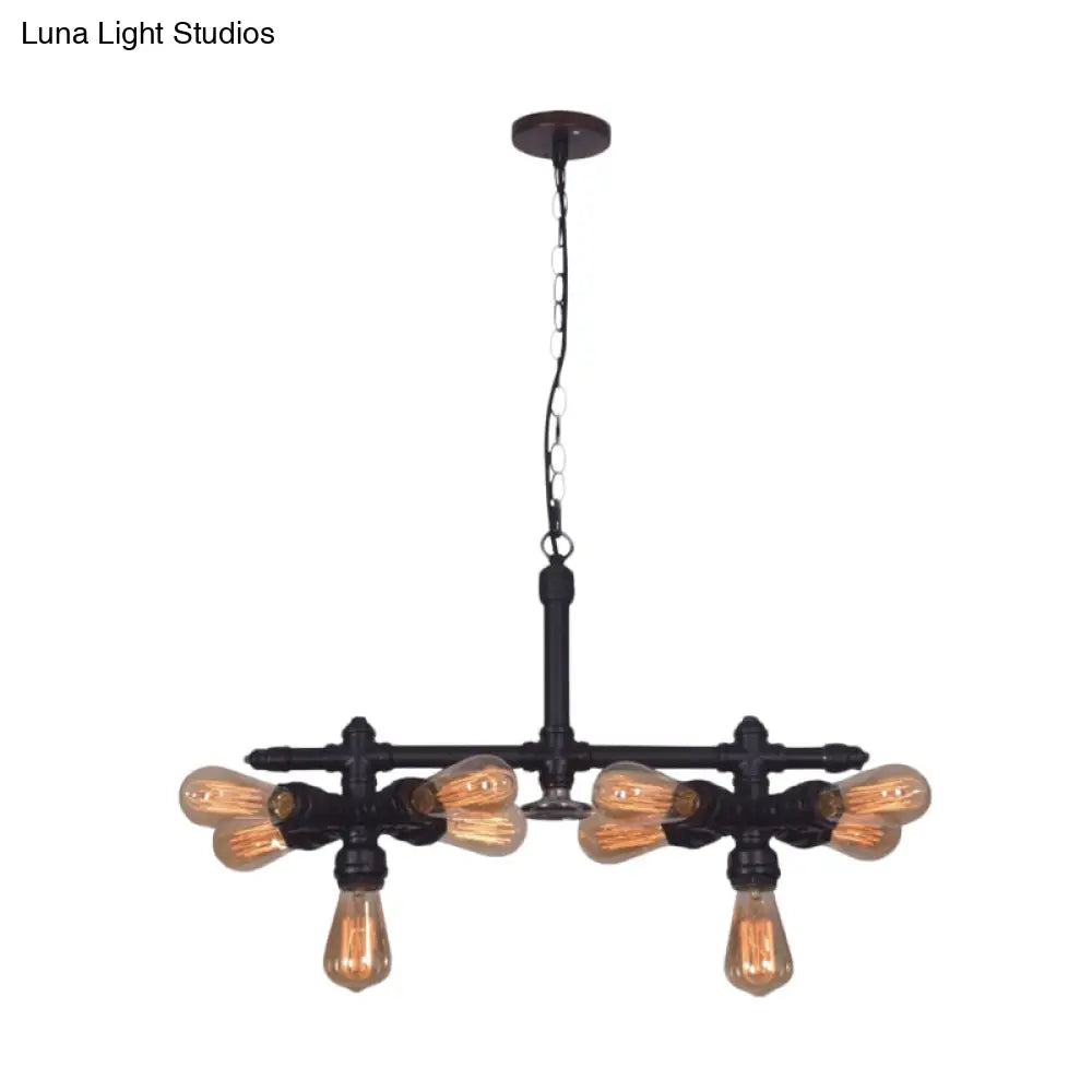 Black Metal Industrial Chandelier - Modern 10-Head Pendant Lamp For Living Room