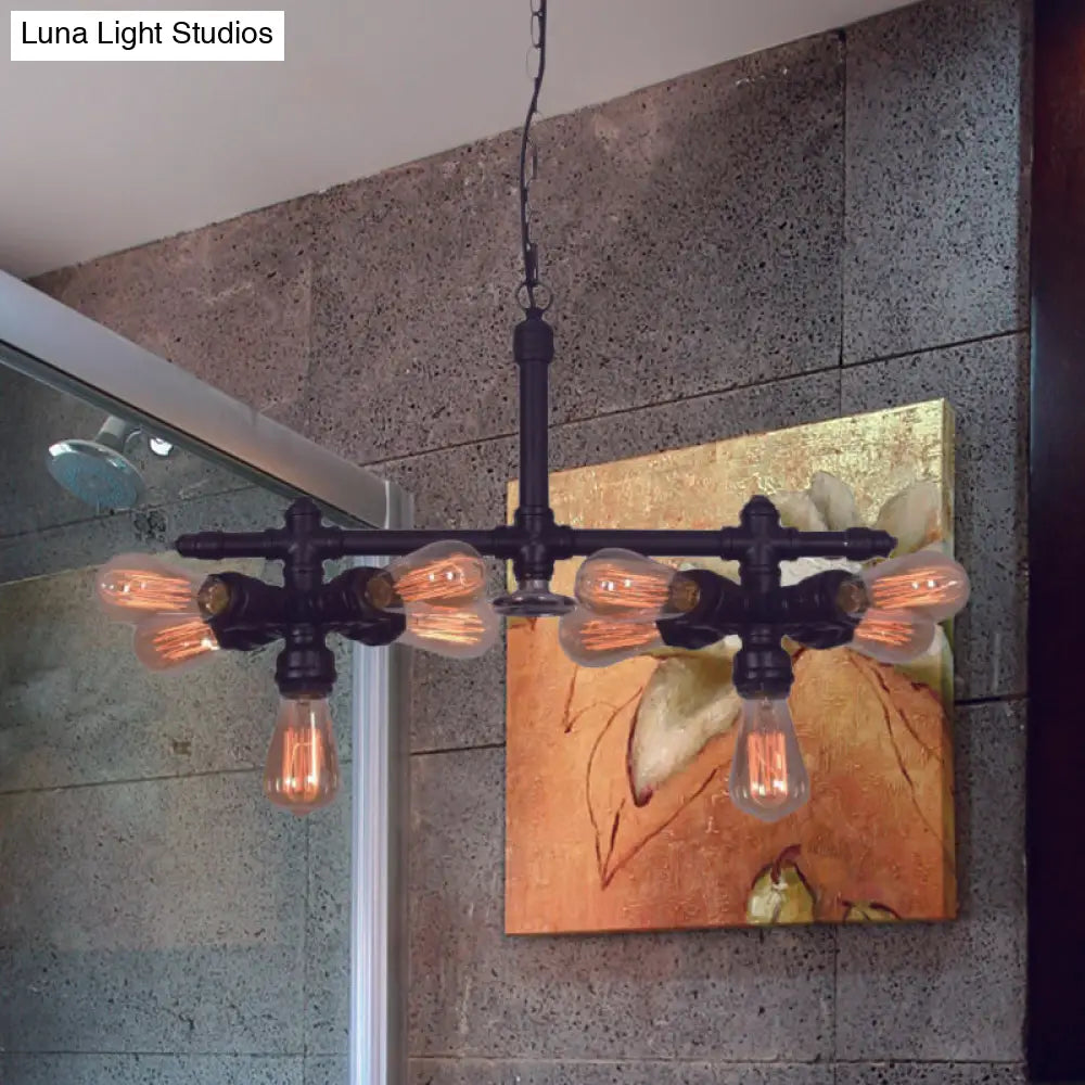 Black Metal Industrial Chandelier - Modern 10-Head Pendant Lamp For Living Room