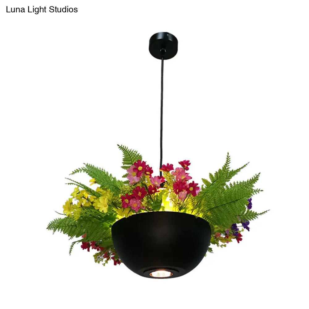 Industrial Bowl Flower Hanging Light - Black Metal Led Ceiling Suspension Lamp (1 Bulb) For