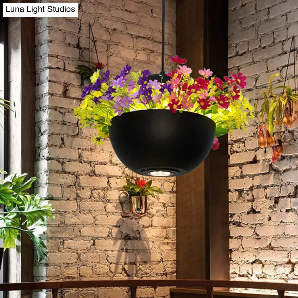 Industrial Bowl Flower Hanging Light - Black Metal Led Ceiling Suspension Lamp (1 Bulb) For