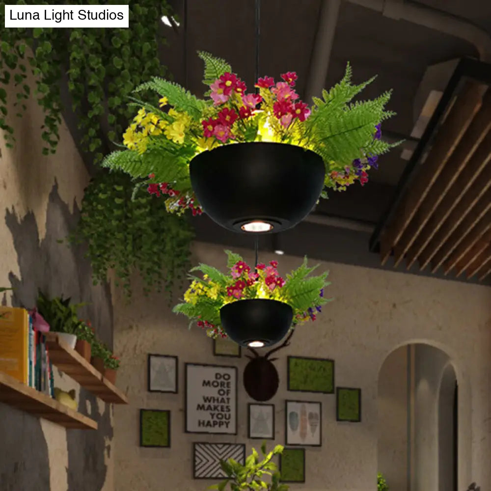 Industrial Bowl Flower Hanging Light - Black Metal Led Ceiling Suspension Lamp (1 Bulb) For
