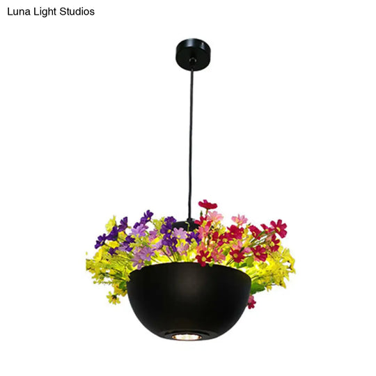 Industrial Bowl Flower Hanging Light - Black Metal Led Ceiling Suspension Lamp (1 Bulb) For